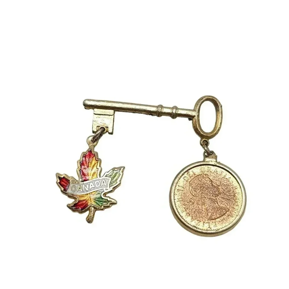 Multicolor Enamel Canadian Penny Maple Leaf Brooch Souvenir Pin Key To Canada